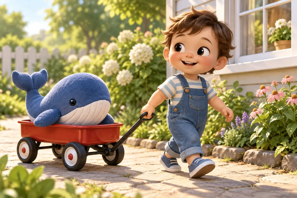 A toddler pulls a red wagon carrying a plush whale along a garden path.