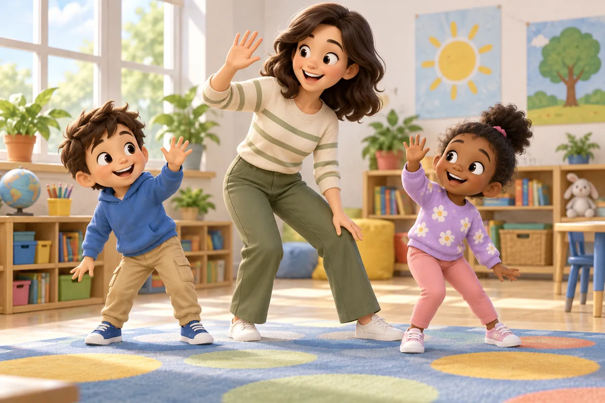 A teacher and children wave and wiggle during a classroom word game.