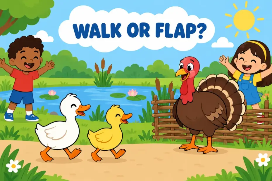 Cartoon ducks waddle past a turkey with a red throat wattle, showing waddle vs wattle as two different words.