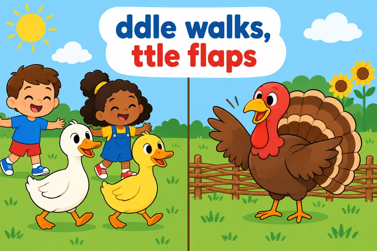 A cartoon split scene contrasts two ducks waddling on one side with a turkey's throat wattle on the other.