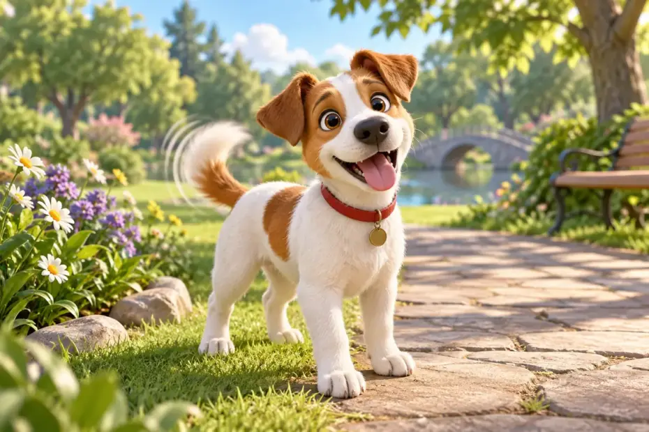 A happy dog wags its tail beside a path in a sunny park.
