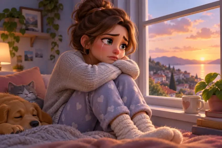 A fictional person cries beside a window.