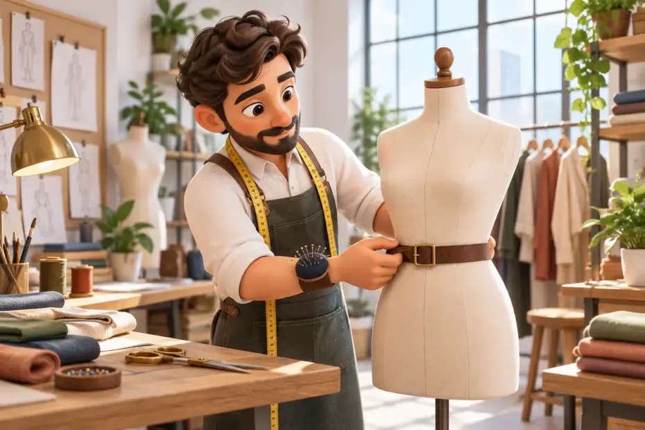 A tailor fits a belt around a mannequin’s waist in a bright studio.