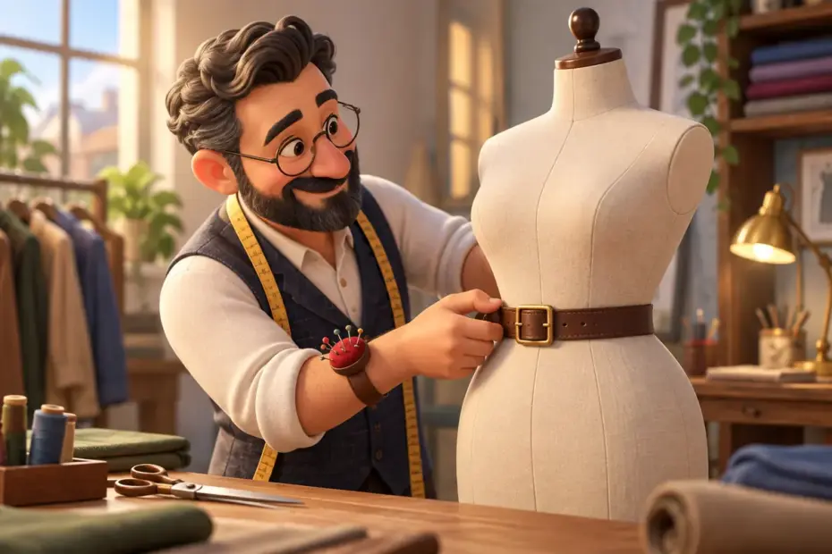 A tailor fitting a belt on a dress form.