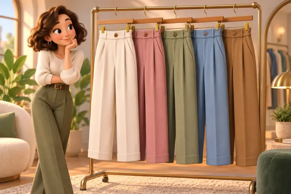 High-waisted trousers hang neatly on a clothing rack.