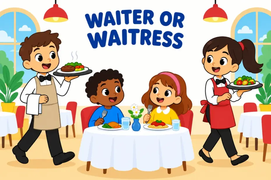 A cartoon restaurant contrasts a waiter and a waitress serving tables, showing waiter vs waitress in a sentence.