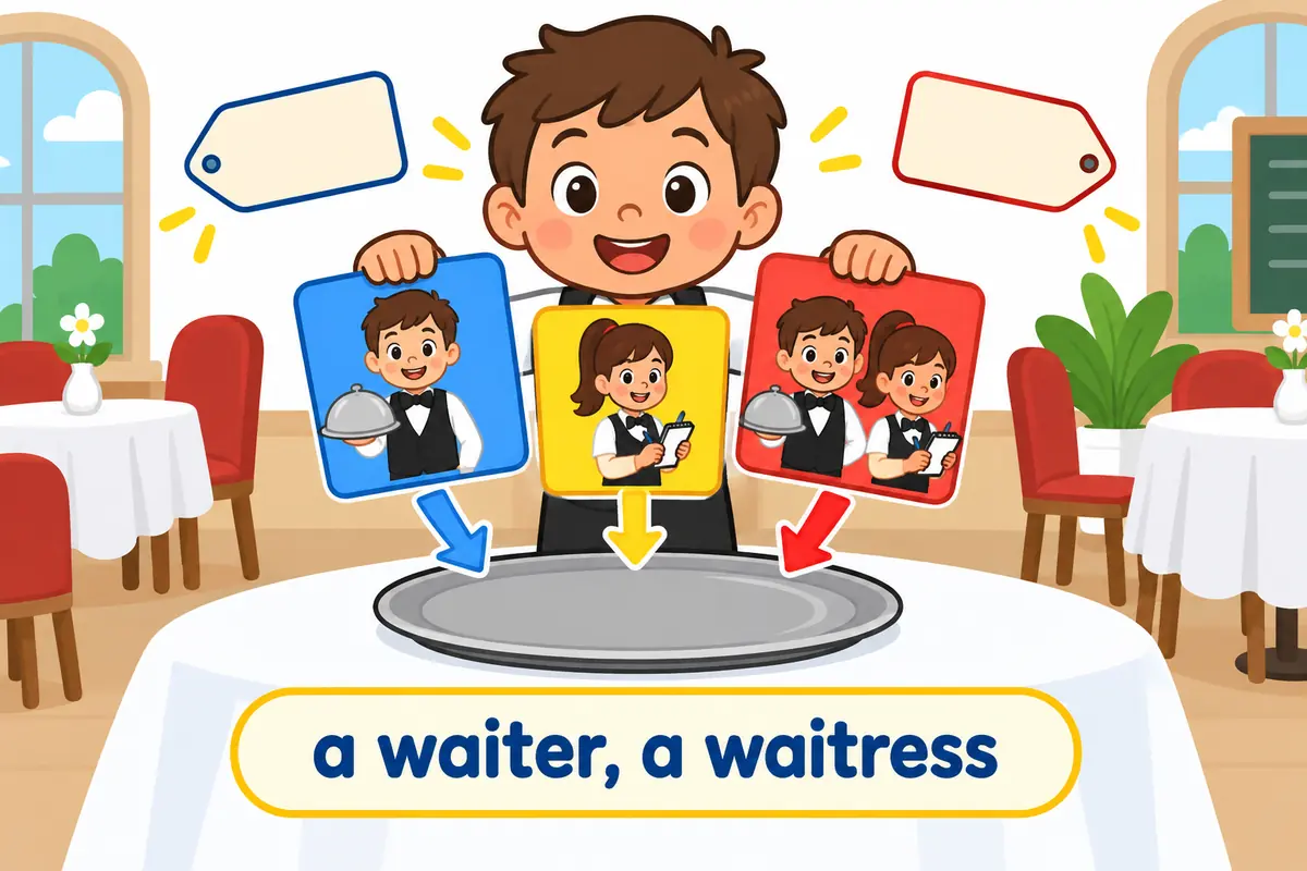 Cartoon restaurant staff hold two name badges that read waiter and waitress beside a third reading server.