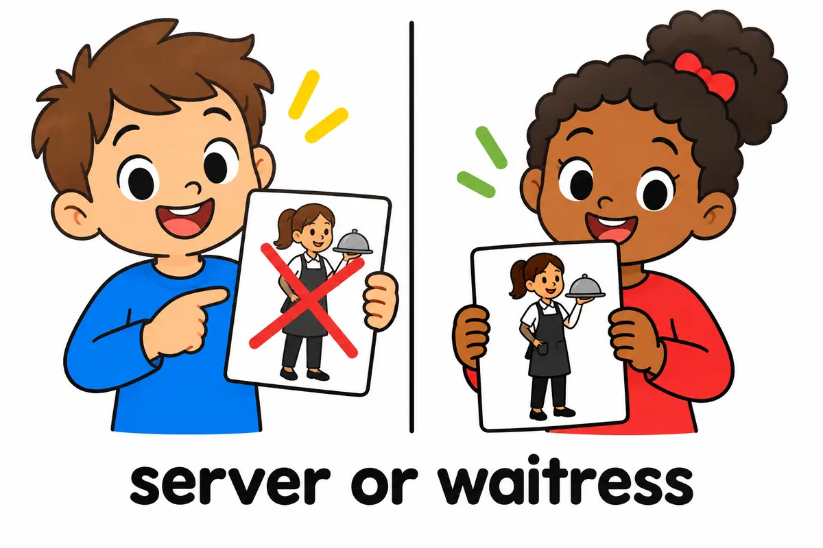A cartoon split scene contrasts a job card reading waitress crossed out beside a neutral card reading server.