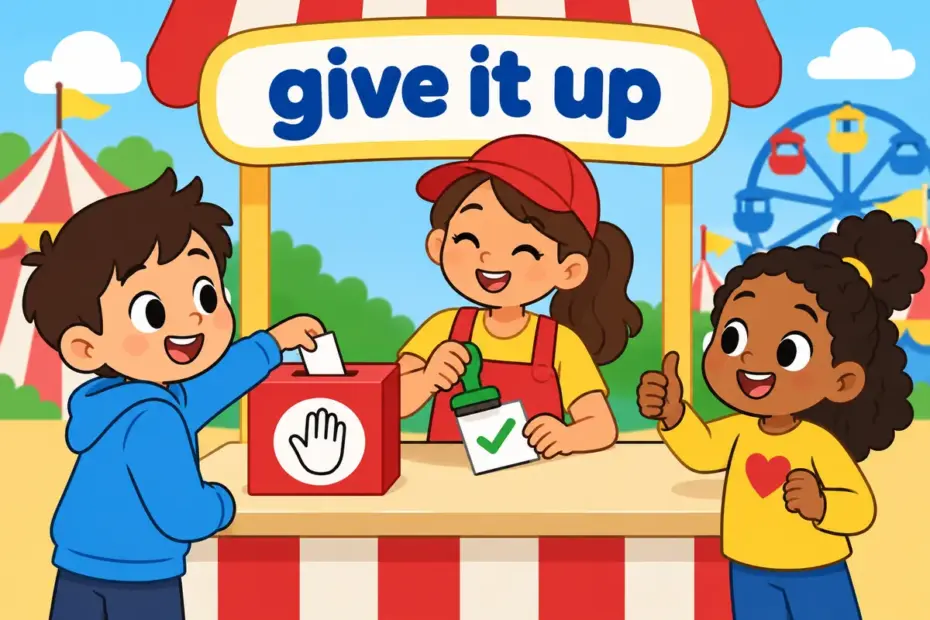 Cartoon children at a fair counter, one handing back a right card, showing waive in a sentence as giving something up voluntarily.