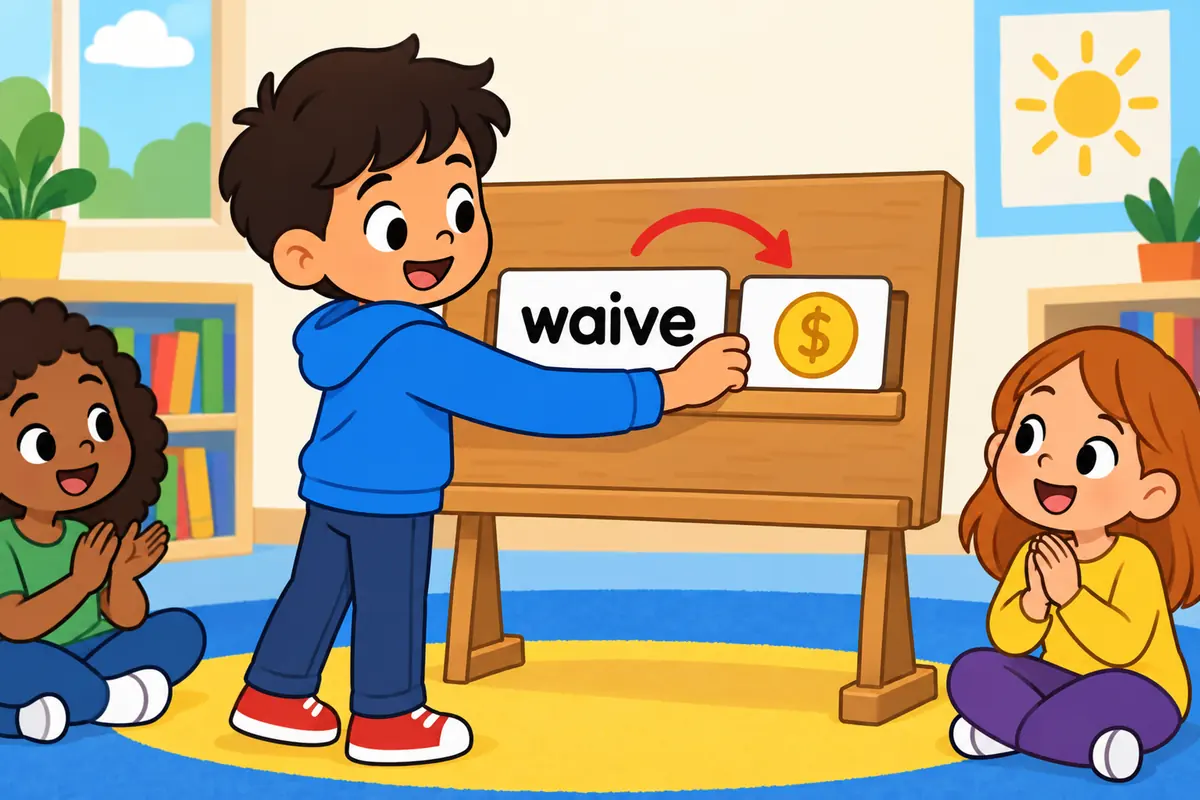 A cartoon child slots a fee card after the word waive, showing the transitive pattern waive a fee.