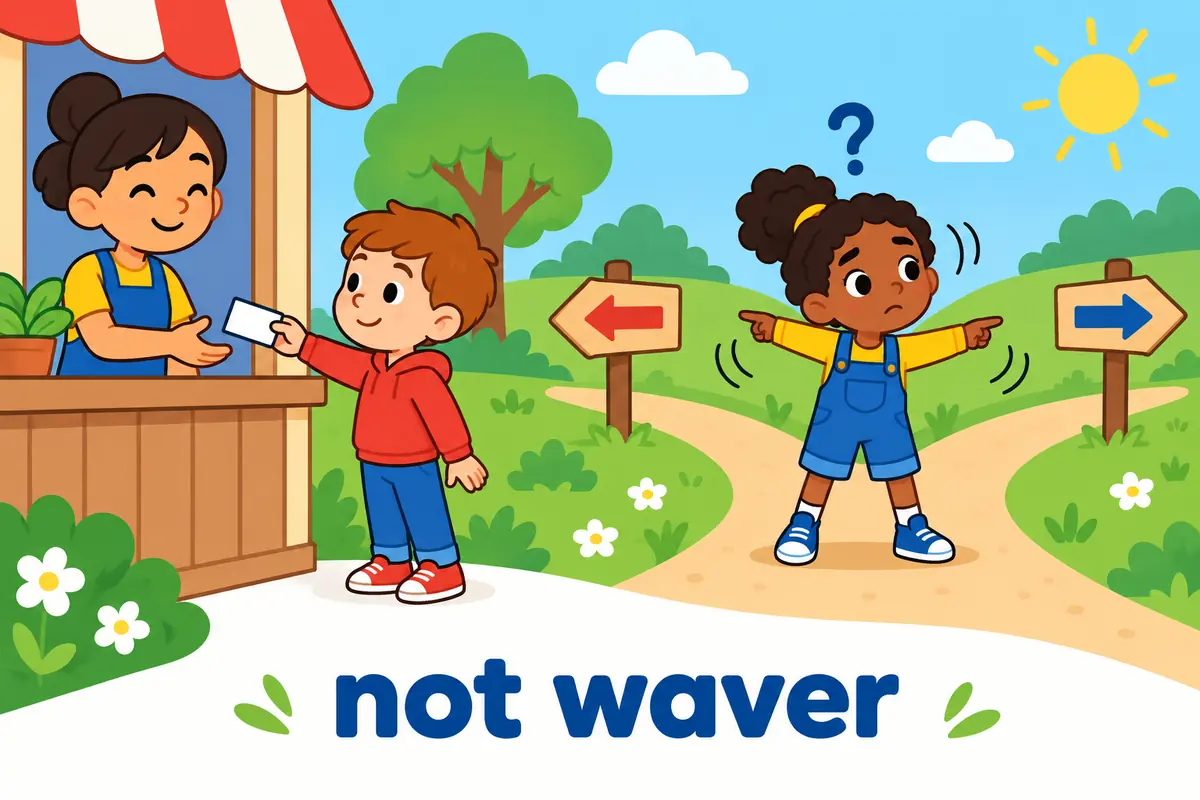 A split cartoon contrasts a child handing over a right with a wobbling child unsure which way to go, showing waive versus waver.