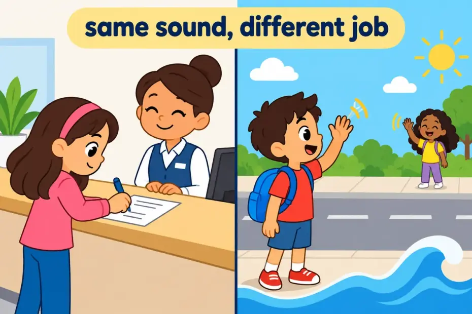 A split scene contrasts a child signing a fee waiver with a child waving hello, showing waive vs wave as one sound with two meanings.