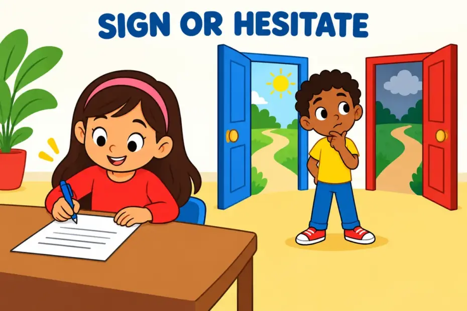 Cartoon children contrast waiver vs waver in a sentence: one signs a form while another pauses between two doors.