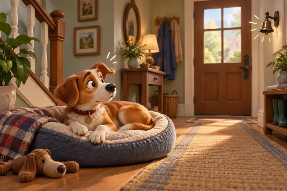 A sleeping dog wakes as a bell rings in a cozy hallway.