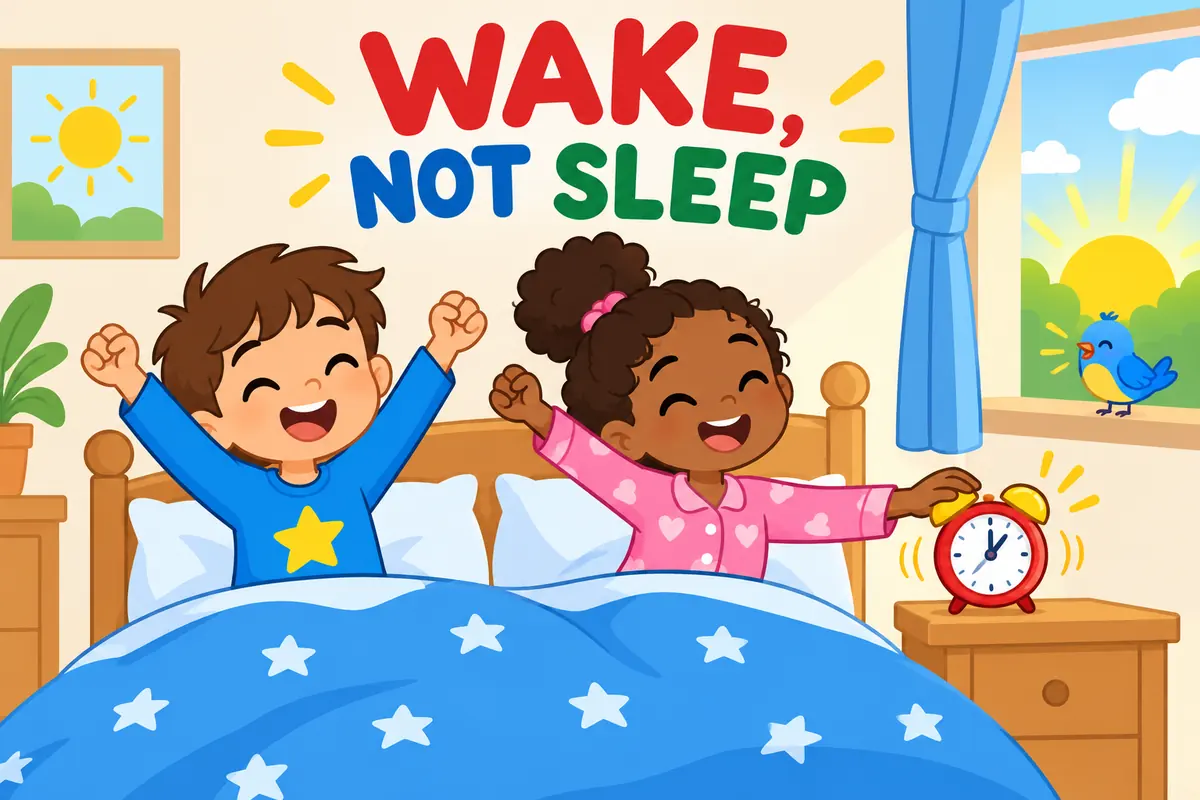 Cartoon children stretch awake at sunrise beside a ringing alarm, illustrating waken vs awaken as two ways to name waking.