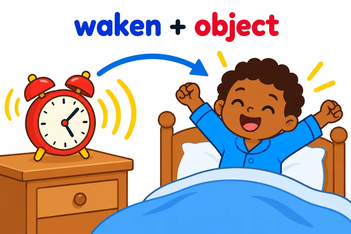 A cartoon alarm clock sends rings toward a sleeping child to show waken taking a person as its object.
