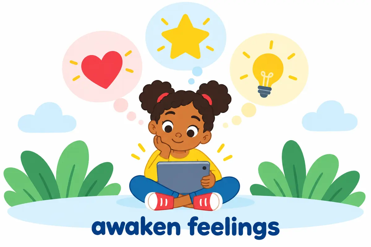 A cartoon child watches a screen as glowing picture bubbles of memories and hope rise around them, showing figurative awaken.