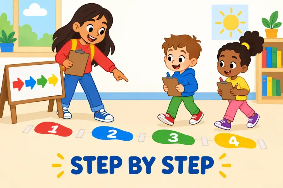 Cartoon children follow numbered footprints while a guide points ahead, showing walk through in a sentence as a step-by-step guide.