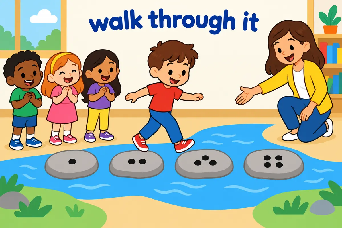 Cartoon children follow dotted footprints along four numbered stages of a board game, illustrating walk through as a step-by-step guide.