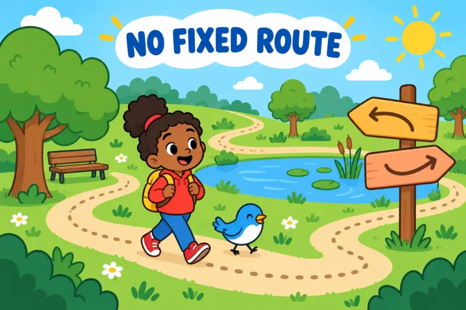 A cartoon child strolls a curving path through a green park, showing wander around in a sentence as unhurried movement with no route.