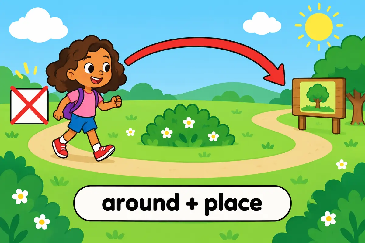 A cartoon child strolls in a slow curve through a park with no path, showing the place arriving after the preposition around.