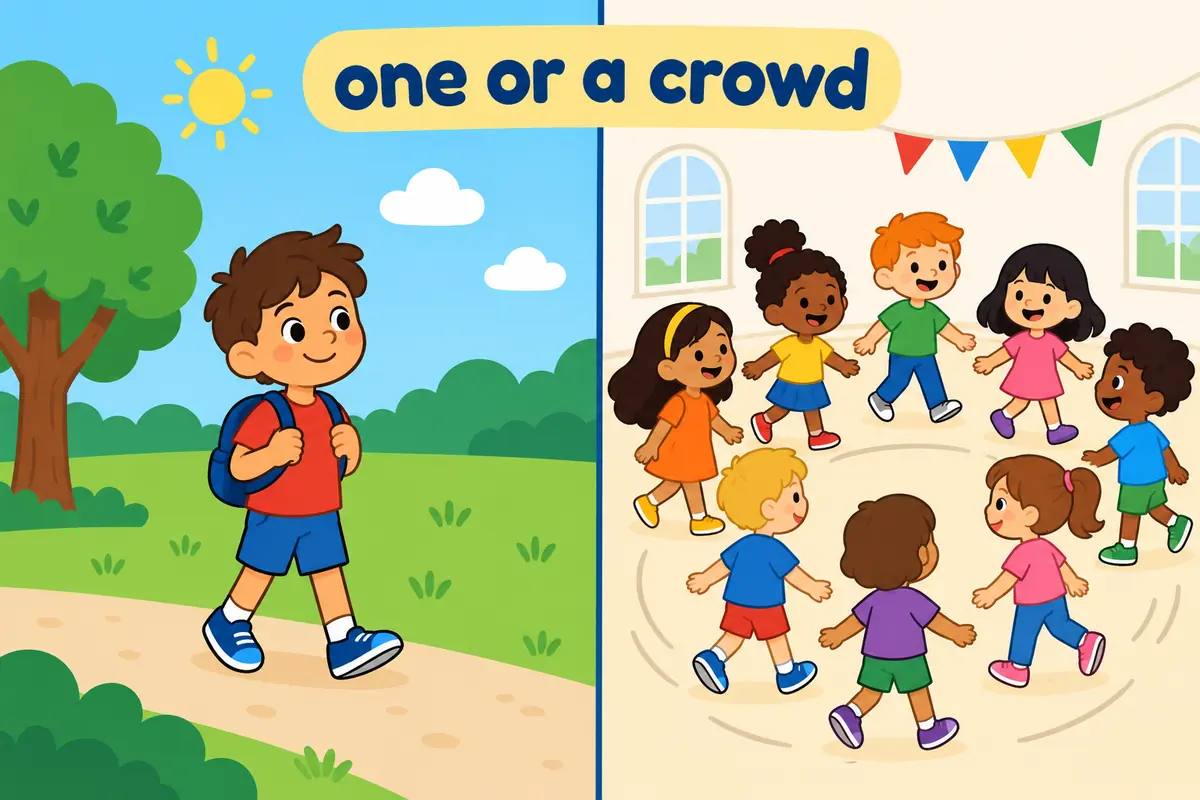 A cartoon split scene contrasts one relaxed child strolling through a park with a restless crowd drifting in circles in a hall.