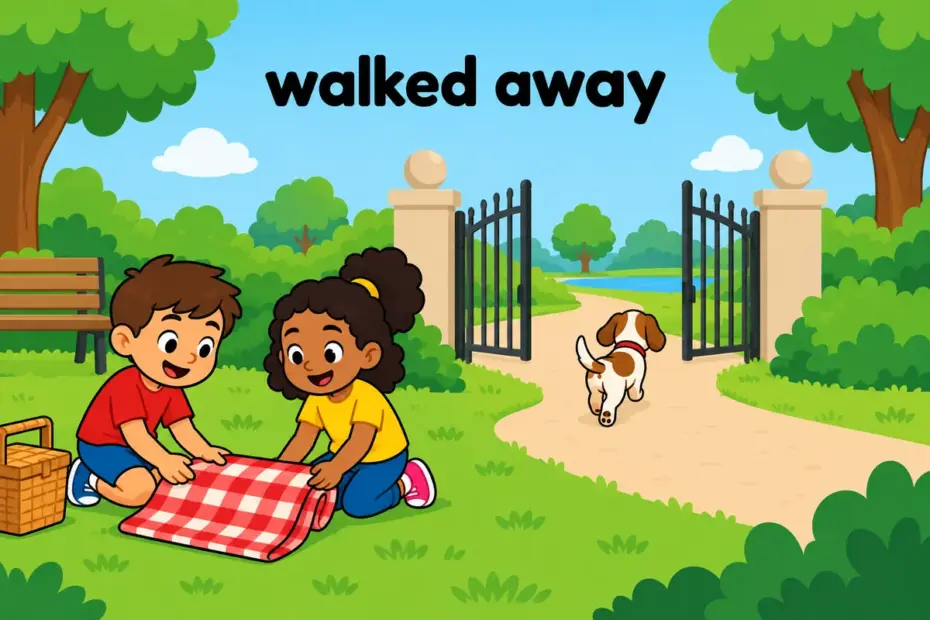 Cartoon puppy wanders toward a park gate while children pack a picnic, showing wander off in a sentence as drifting away unwatched.
