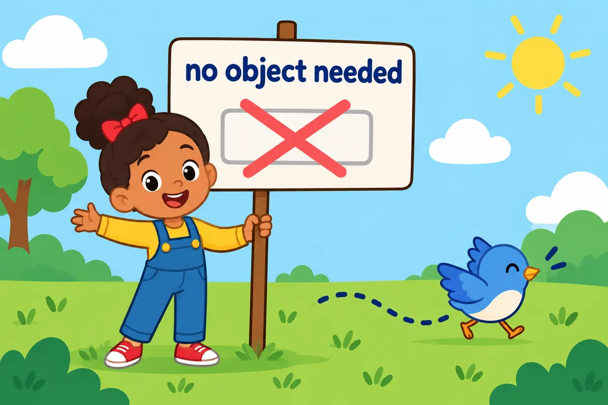 A cartoon sign shows the verb wander off standing alone, with no object slot beneath it.