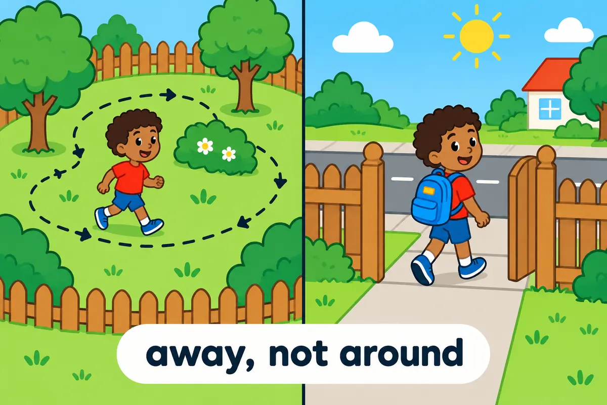 A cartoon split scene contrasts a child walking in loops inside a park with a child leaving the park gate, showing wander versus wander off.