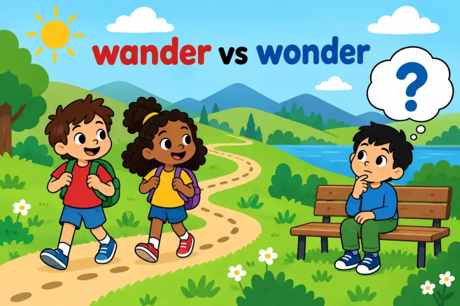 Cartoon children show wander vs wonder in a sentence: one strolls a winding path while another thinks with a question mark
