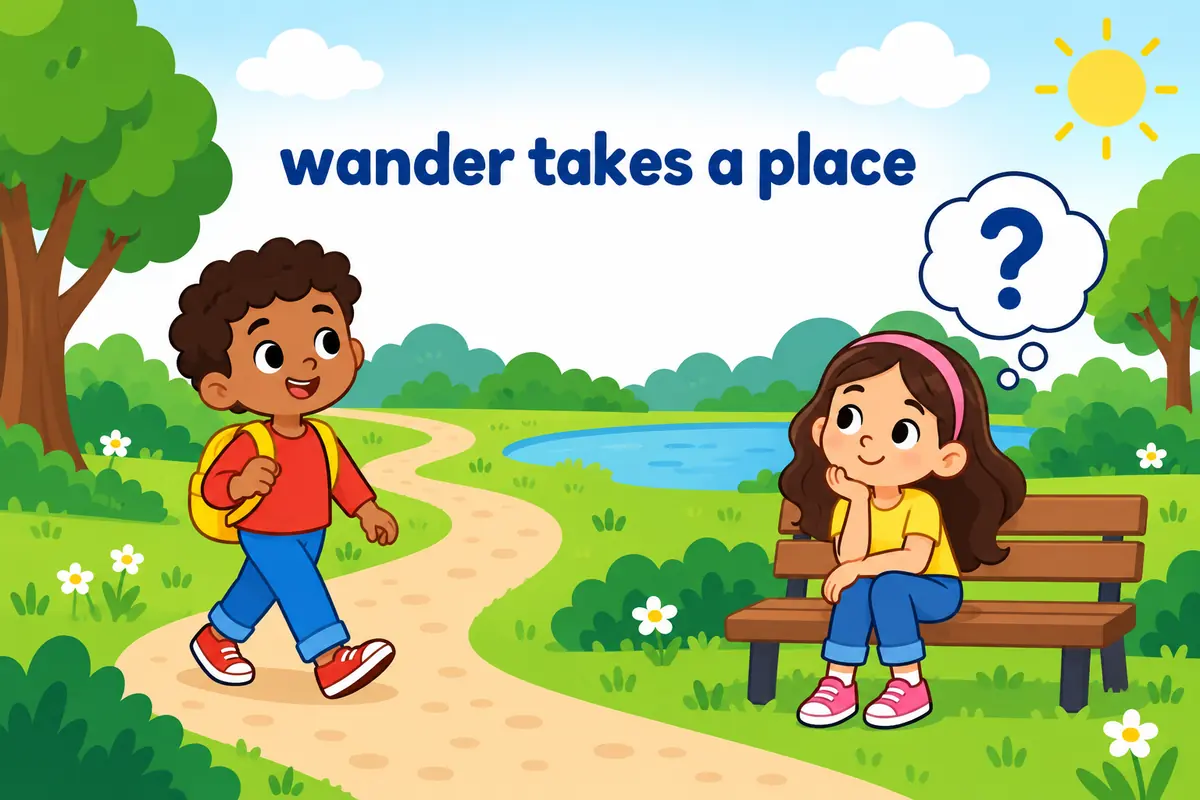 A cartoon child walks a winding path while another child sits thinking with a question bubble, showing wander and wonder in a sentence