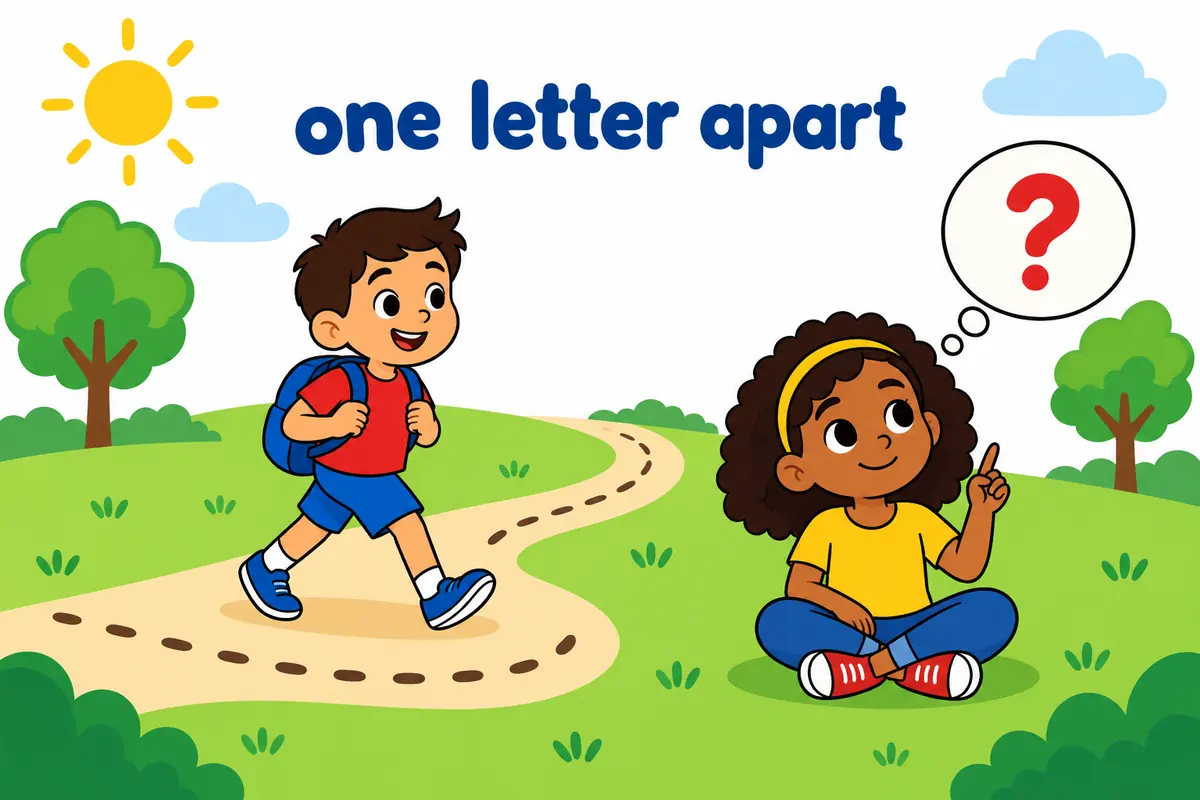 A single cartoon scene shows a roaming child on a winding path and a thinking child with a question mark
