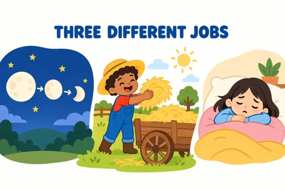 Cartoon panels show a shrinking moon, a wooden cart and a pale tired child, teaching wane vs wain vs wan in a sentence.