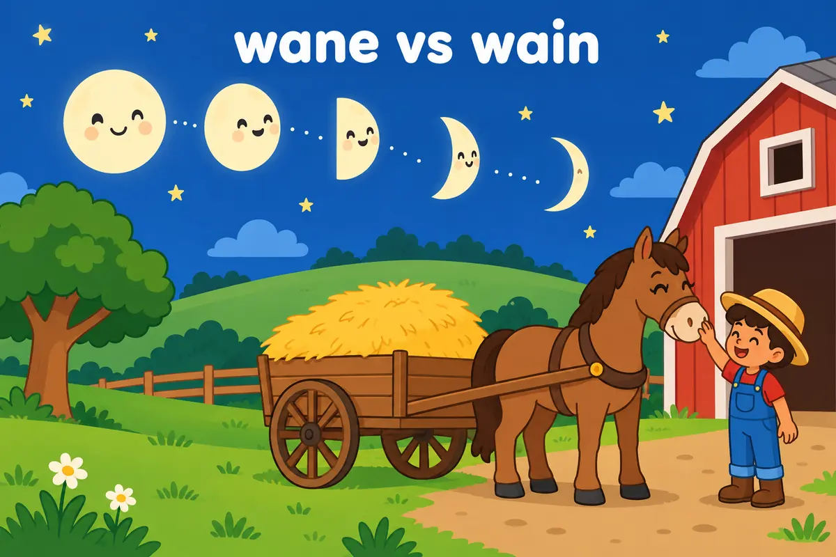A cartoon moon shrinks over four nights while a wooden cart stands still, illustrating wane as a decrease and wain as a cart.