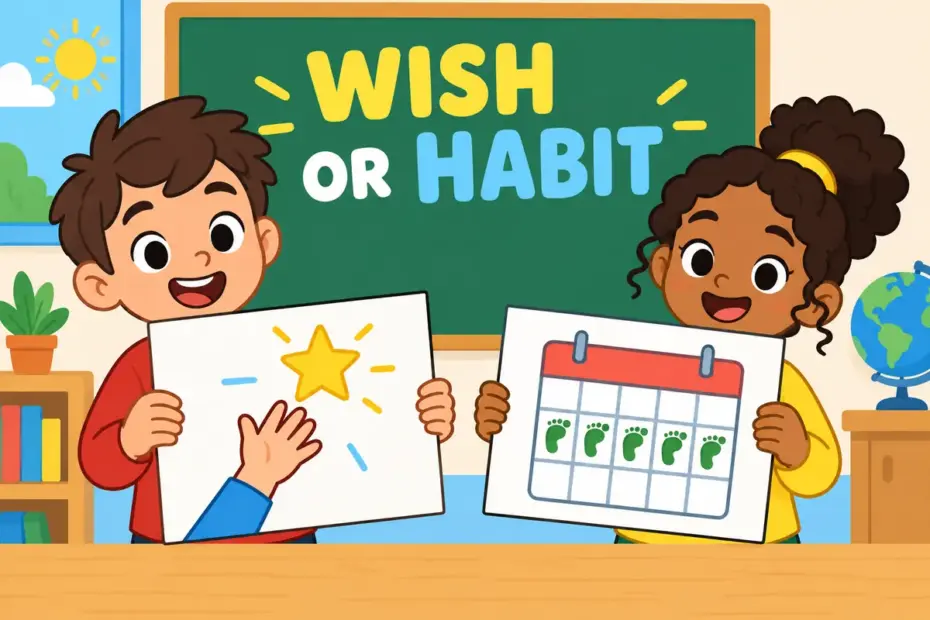 Cartoon children compare two signs, one showing a wish and one showing a repeated habit, illustrating want vs wont in a sentence.