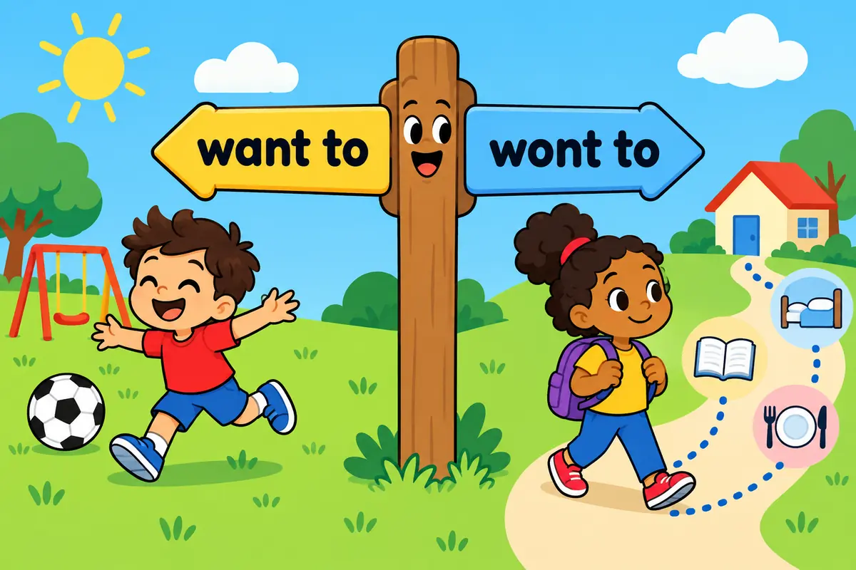 Two cartoon signposts show want to plus a verb on one side and be wont to plus a verb on the other.
