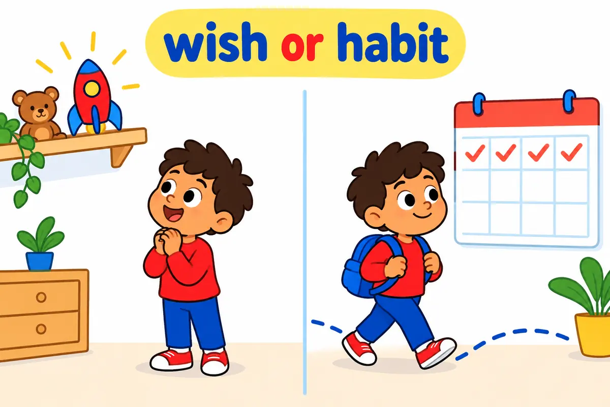 A cartoon split scene contrasts a child wishing for a toy with a calendar of repeated morning walks.