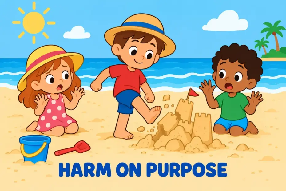 Cartoon child kicks over a neat sandcastle while onlookers gasp, showing wanton in a sentence as needless deliberate harm.