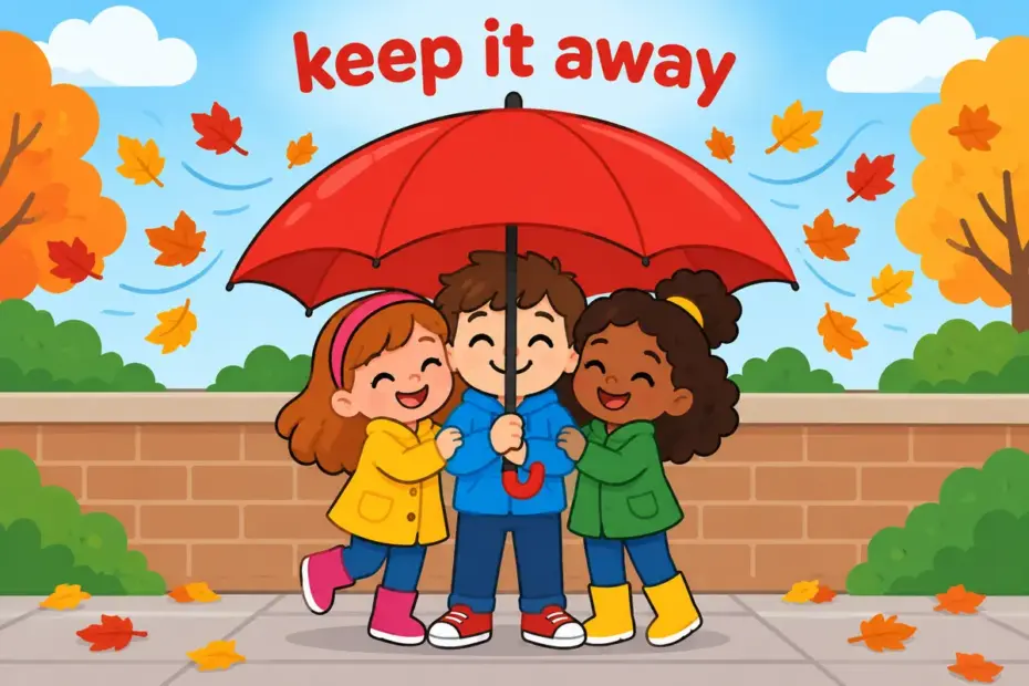 Cartoon children raise a shared umbrella against falling leaves, illustrating ward off in a sentence as holding something away.