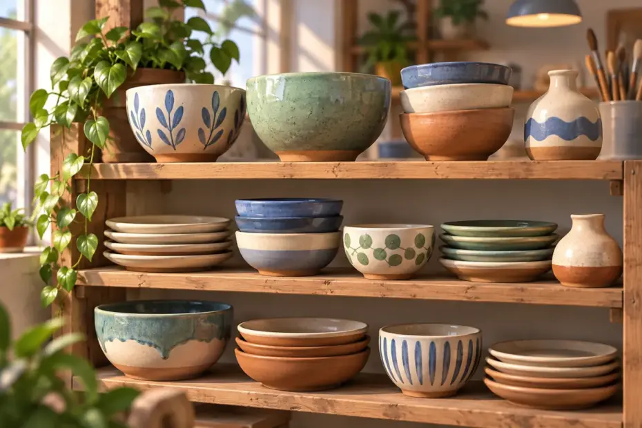 Ceramic bowls and plates stand on a potter’s shelf.