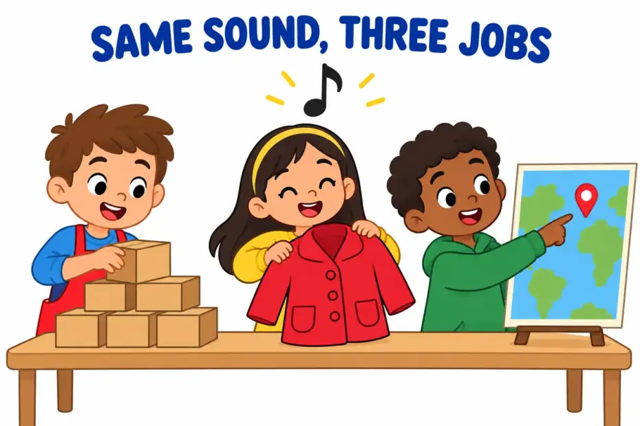 Cartoon children sort goods, clothes and a map pin, illustrating ware vs wear vs where as three homophones in a sentence.