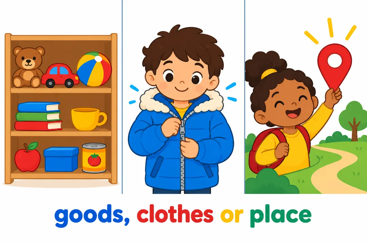 Three panels show goods on a shelf, a child in a coat and a map pin, illustrating ware vs wear vs where as one sound with three jobs.