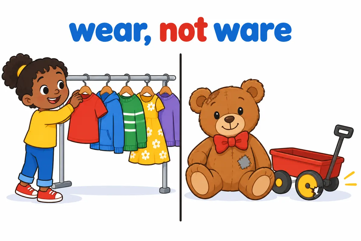 A cartoon split scene contrasts clothes hung neatly with a toy broken by long use, showing wear is spelled wear and not ware.