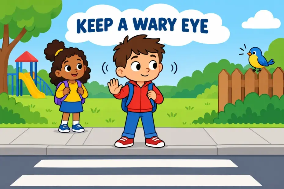 A cartoon child pauses at a gate and checks for traffic, showing wary in a sentence as sensible caution.
