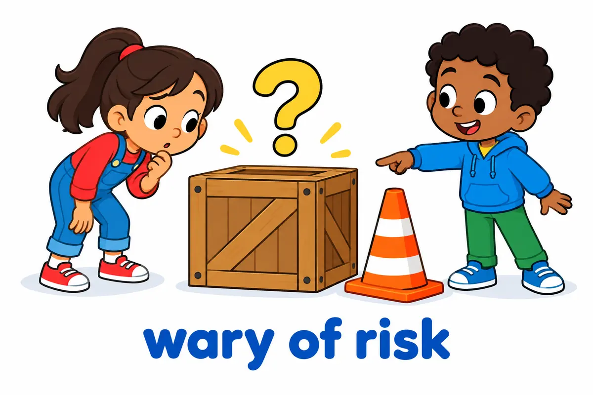A cartoon child studies a closed crate with a question mark, showing the pattern wary of a possible risk.