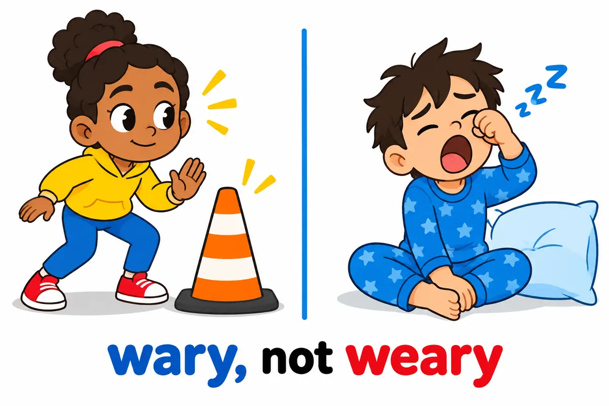 A cartoon split scene contrasts a watchful child beside a warning cone with a yawning, tired child, showing wary is not weary.