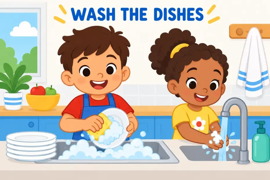 Cartoon children wash dishes and their hands at a sink, illustrating wash up in a sentence in its British and American senses.