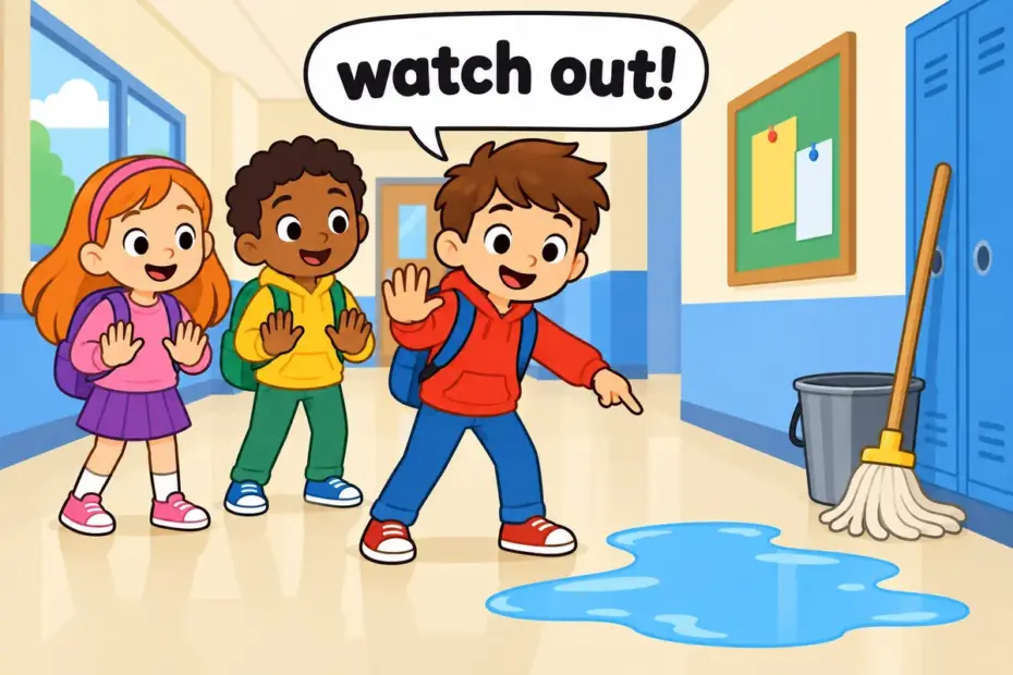 Cartoon children pause at a wet school corridor as one points to a puddle and calls watch out.
