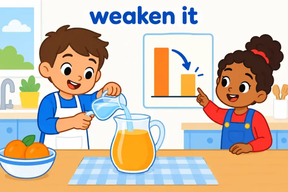 Cartoon chef adds water to a jug of juice, showing water down in a sentence as making a drink or plan weaker.