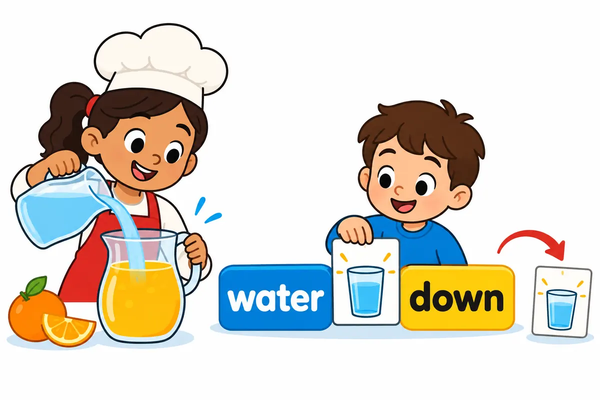 A cartoon cook pours water into a jug of juice while a second child slides one block out of a tower of plan blocks.